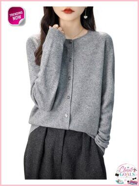 Merino Wool Crewneck Cardigan Long Sleeve Seamless Knit Sweater